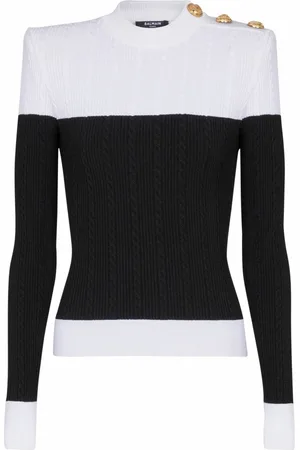 Balmain Strik, Dame, Sort, L, Uld, Langærmet tofarvet strikket top
