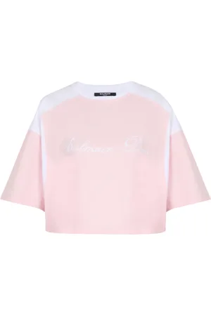 Balmain Top, Dame, Lyserød, XL, Bomuld, To-farvet T-shirt med Signatur broderi