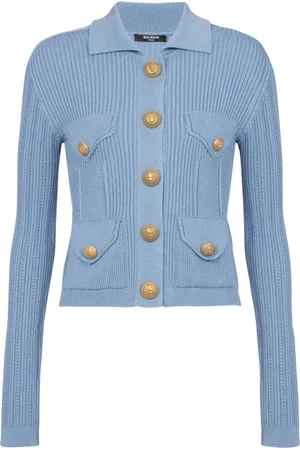 Balmain Strik, Dame, Blå, L, Polyester, Knappestrikket cardigan