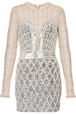 Balmain Kjole, Dame, Grå, S, Tyl, Kort perlebesat kjole