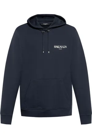Balmain Sweathshirts & Hoodies, Herre, Blå, L, Uld, Navy Hoodie med Logo Print
