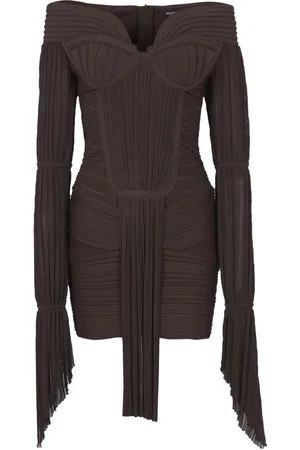 Balmain Kjole, Dame, Brun, XS, Uld, Kort draperet plisseret strikkjole
