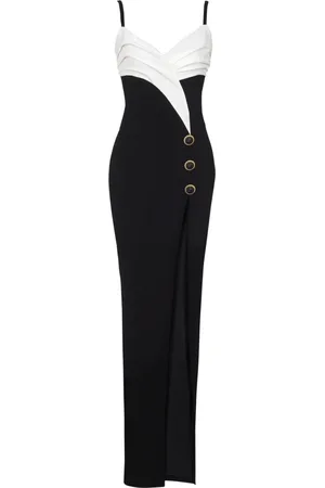 Balmain Kjole, Dame, Sort, M, To-farvet Lang Crepe Kjole med Slids