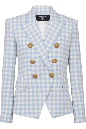Balmain Jakke, Dame, Blå, 2XS, Tweed, Gingham Tweed 6-Knaps Jakke