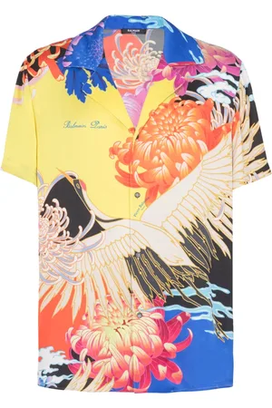 Balmain Skjorte, Herre, Flerfarvet, M, Satin, Kortærmet satin skjorte med Crane print