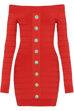 Balmain Kjole, Dame, Rød, XS, Uld, Off-shoulder strikkjole