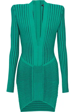 Balmain Kjole, Dame, Grøn, L, Uld, Langærmet V-hals Egyptisk Strik Kort Kjole