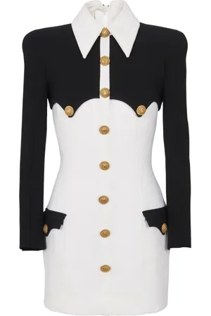 Balmain Kjole, Dame, Hvid, 2XS, Uld, Kort Krepe Kjole med Knapper