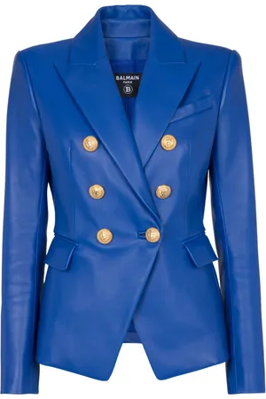Balmain Jakke, Dame, Blå, 2XS, Læder, Dobbeltknaplukket læderjakke