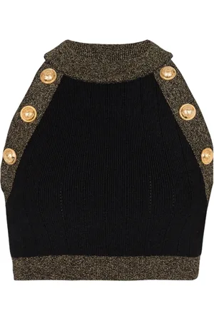 Balmain Top, Dame, Sort, S, Uld, Guldtrimmet strikket crop top