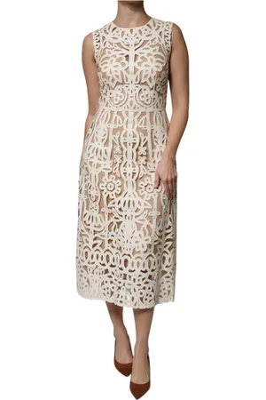 Dolce & Gabbana Kjole, Dame, Hvid, XS, Læder, Hvid Blomstret Blonde Midi Kjole