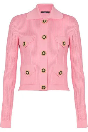 Balmain Strik, Dame, Lyserød, S, Polyester, Beskåret ribstrikket cardigan med åbenværksdetaljer