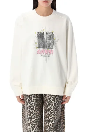 Ganni Sweathshirts & Hoodies, Dame, Hvid, L/XL, Bomuld, Kat Print Strikvarer Egret Ss25