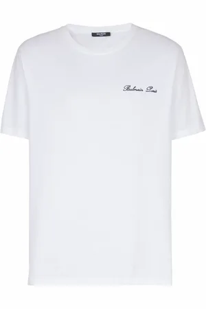 Balmain Top, Herre, Hvid, XL, Bomuld, Broderet signatur T-shirt