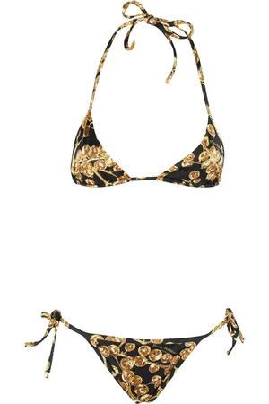Balmain Badetøj, Dame, Flerfarvet, S, Uld, Sort trekantet bikini med guldprint