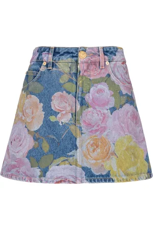 Balmain Nederdel, Dame, Flerfarvet, XS, Denim, Pastel Roses trykt denim nederdel