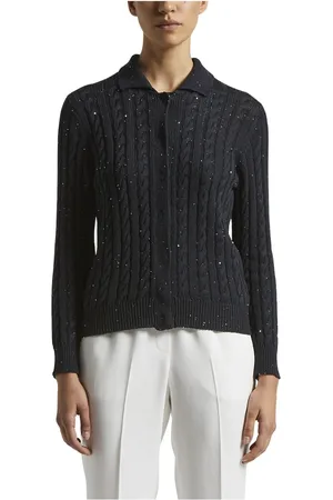 PESERICO SIGN Strik, Dame, Blå, 2XS, Bomuld, Ren bomuld cordonetto cardigan med pailletter