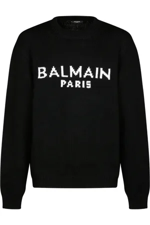 Balmain Strik, Herre, Sort, S, Uld, Sort Strikket Trøje med Logo Print