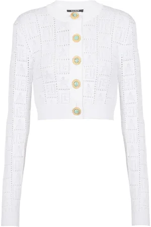 Balmain Strik, Dame, Hvid, XS, Polyester, Monogram strikket cardigan