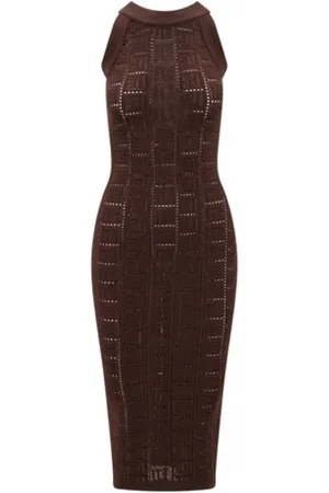 Balmain Kjole, Dame, Brun, XS, Monogramstrikket midi-kjole med åbent mønster