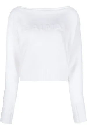 Balmain Strik, Dame, Hvid, L, Uld, Børstet Off-Shoulder Beige Uld Sweater