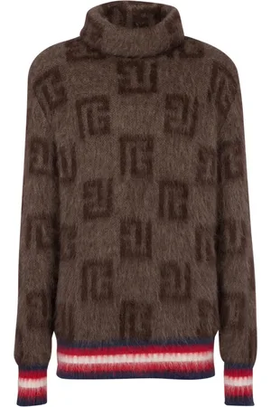 Balmain Strik, Herre, Brun, M, Uld, Børstet mohair sweater med monogramtryk