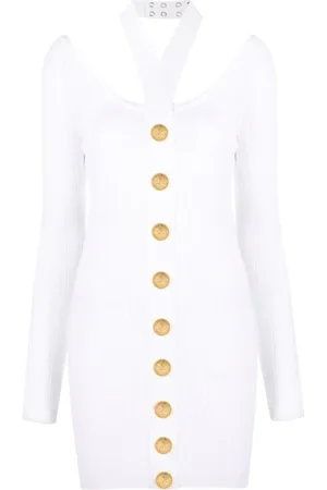 Balmain Kjole, Dame, Hvid, M, Polyester, Hvid Halterneck Strik Kjole