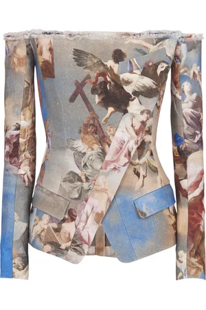 Balmain Jakke, Dame, Flerfarvet, XS, Uld, Himmel trykt off-the-shoulder lærredsjakke