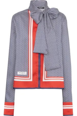 Balmain Bluser & Skjorter, Dame, Flerfarvet, 2XL, Tørklædeprint skjorte med sløjfe krave