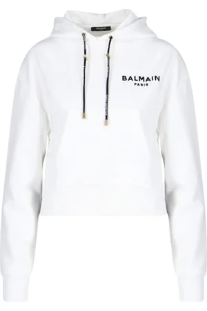 Balmain Sweathshirts & Hoodies, Dame, Hvid, L, Bomuld, Hvid Logo Hættetrøje med Frontlomme
