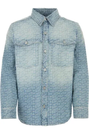 Balmain Jakke, Herre, Blå, L, Denim, Broderet Denim Skjorte