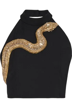 Balmain Top, Dame, Sort, 2XS, Uld, Broderet uld crop top