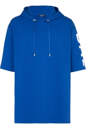 Balmain Sweathshirts & Hoodies, Herre, Blå, XL, Bomuld, Oversized hættetrøje i bomuld med logoprint
