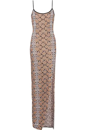 Balmain Kjole, Dame, Brun, S, Uld, Lang stropløs slangeskindstrik kjole