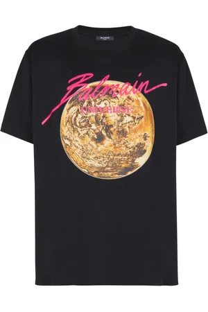 Balmain Top, Herre, Sort, L, Bomuld, Trykt Univere logo og planet T-shirt