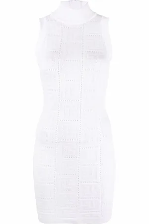 Balmain Kjole, Dame, Hvid, L, Polyester, Hvid Strikkjole med Monogramdetalje