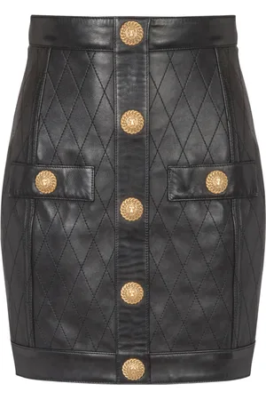 Balmain Nederdel, Dame, Sort, M, Læder, Læder nederdel med topstikninger og knapper