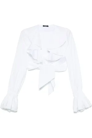 Balmain Bluser & Skjorter, Dame, Hvid, S, Bomuld, V-udskåret Top med Trompetærmer