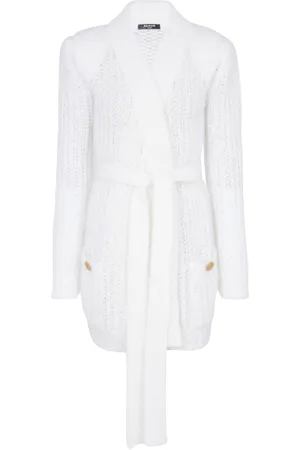 Balmain Strik, Dame, Hvid, M, Polyester, Glitrende mohair cardigan med bælte