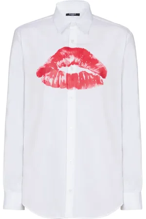 Balmain Skjorte, Herre, Hvid, XL, Bomuld, Poplin skjorte med Kiss print