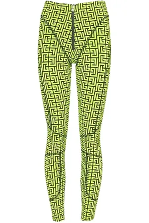 Balmain Bukser, Dame, Grøn, S, Bomuld, Monogrammønstret Kompressionslegging med Lynlås