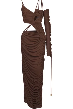 Balmain Kjole, Dame, Brun, S, Uld, Asymmetrisk Draped Jersey Maxi Kjole