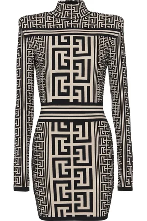 Balmain Kjole, Dame, Flerfarvet, L, Uld, Monogramstrikket højhalset kjole