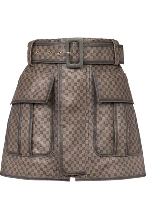 Balmain Nederdel, Dame, Brun, M, Læder, Kort læderskørt med mini monogramtryk