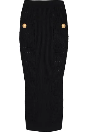 Balmain Nederdel, Dame, Sort, S, Uld, Midi Strik Nederdel