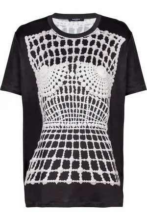 Balmain Top, Dame, Sort, XS, Polyester, Løs T-shirt med falsk broderiprint