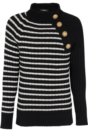 Balmain Strik, unisex, Sort, XS, Uld, Stribet trøje med gyldne knapper