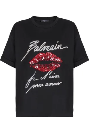 Balmain Top, Dame, Sort, S, Bomuld, T-shirt med kys broderi og korte ærmer
