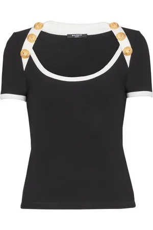 Balmain Top, Dame, Sort, XL, Bomuld, To-farvet T-shirt med knappedetaljer