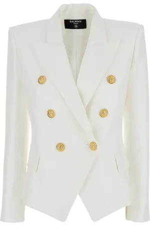 Balmain Jakke, Dame, Hvid, XL, Dobbeltknappet jakke med spidsrevers